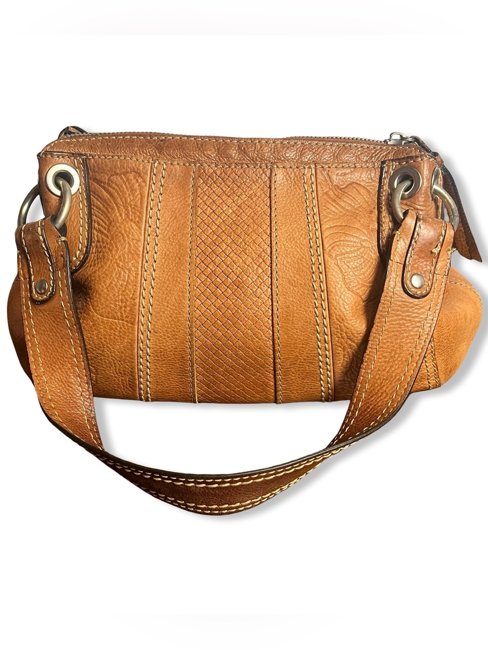 Fossil Women's Tan Leather Embossed Floral Basketweave Satchel Shoulder Bag Boho